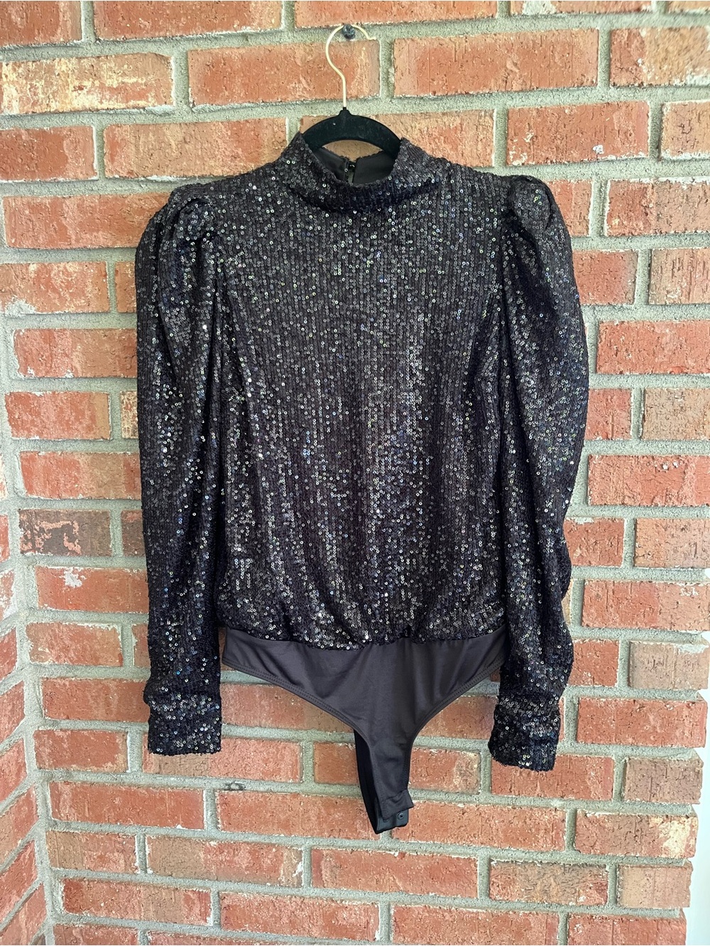 Rachel Zoe Black Sequin Puff-Sleeve Mock Neck Bodysuit